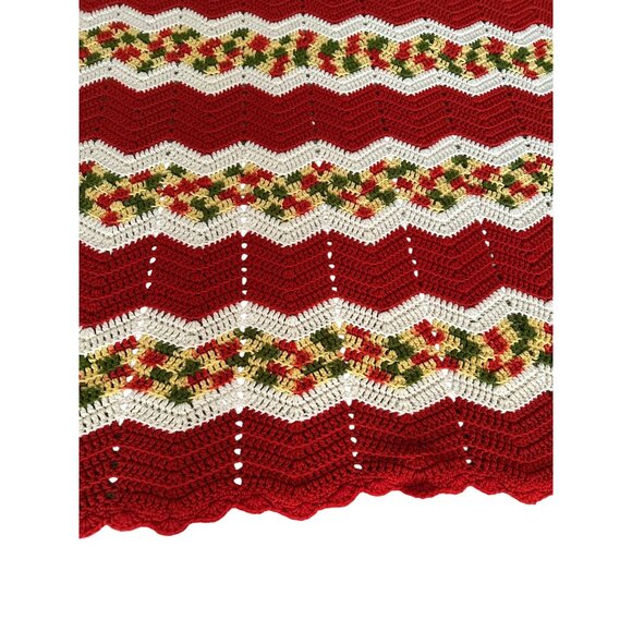Handmade Crochet Chevron Pattern Blanket Throw Red/Green/White 47"x80" Grandma - Picture 8 of 9